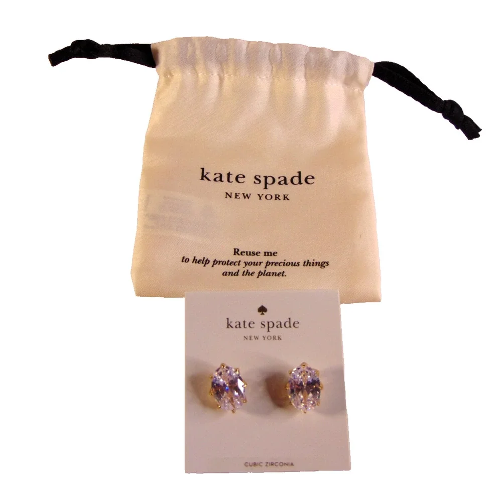 Kate Spade Shine On Oval Stud Earrings Clear Gold CZ Crystal NWT Dust Bag Gift
